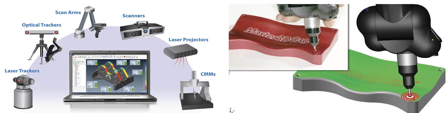 Left - Verisurf software is model-based and operates all programmable CMMs, arms, scanners, and trackers. Right - Verisurf software combines cyber physical interaction for real time alignment, inspection, and reporting.